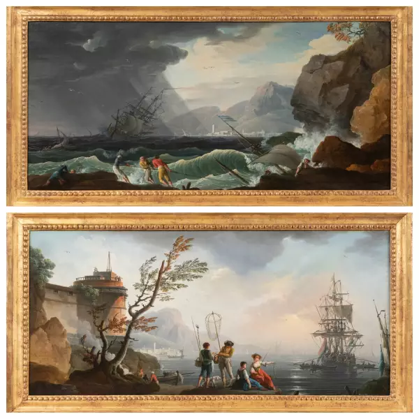 Le calme et la tempête, paire de marines par Lacroix de Marseille 1773